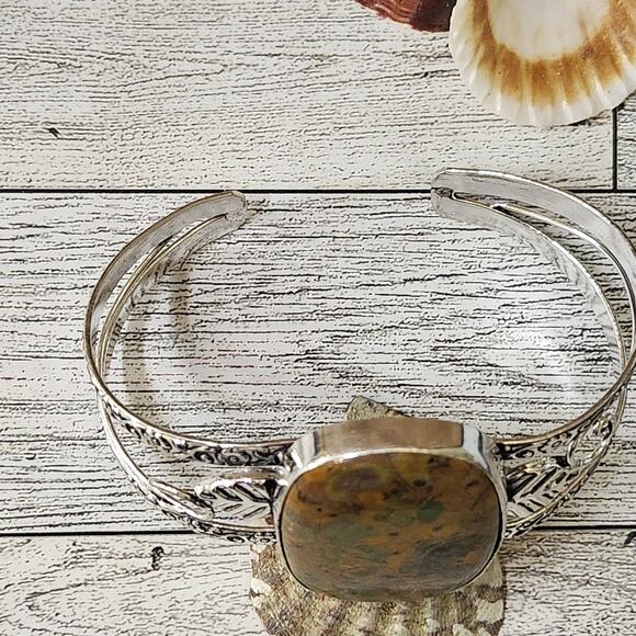 Wide Silver Cuff, Terra Harmony Earthy Color Jasper Cuff Bracelet - Picture 7 of 10
